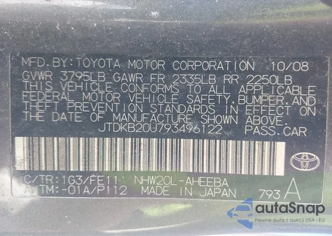 2009 Toyota Prius из США, поврежденный, VIN JTDKB20U793496122